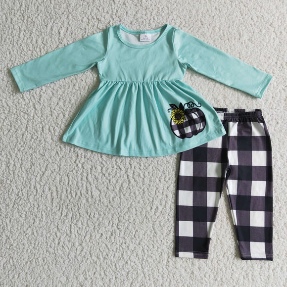 Pumpkin White Black Plaid Blue Girls Long Sleeve+Trousers Sets