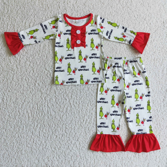 Promotional Cartoon Characters Red Ruffles White Girls Christmas Pajamas