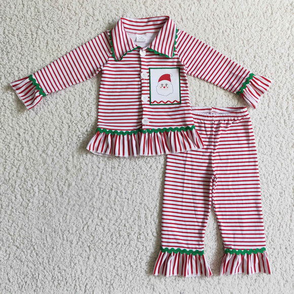 Santa Red Stripes Collar Girls Christmas Pajamas