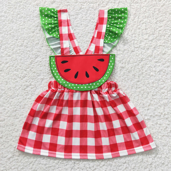 Watermelon Red Plaid Girls Overalls Dress