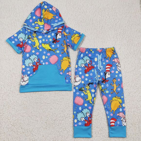 Cartoon Cats Reading Dots Blue Boys Fall Hoodie Sets