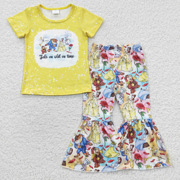 tale as old as time Cartoon Princess Yellow Girls Short Sleeve+Trousers Sets