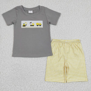 Excavator Engineering Vehicle Plaid Gray Boys Shorts Sets