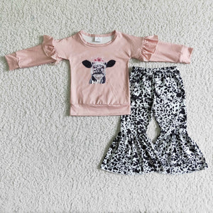Promotional Cow Print Pink Girls Long Sleeve+Trousers Sets