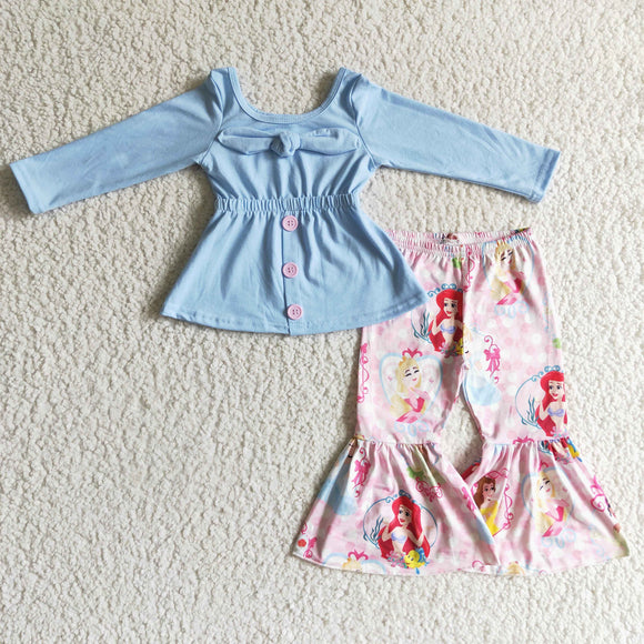 Promotional Solid Bow Princess Pink Girls Long Sleeve+Trousers Sets