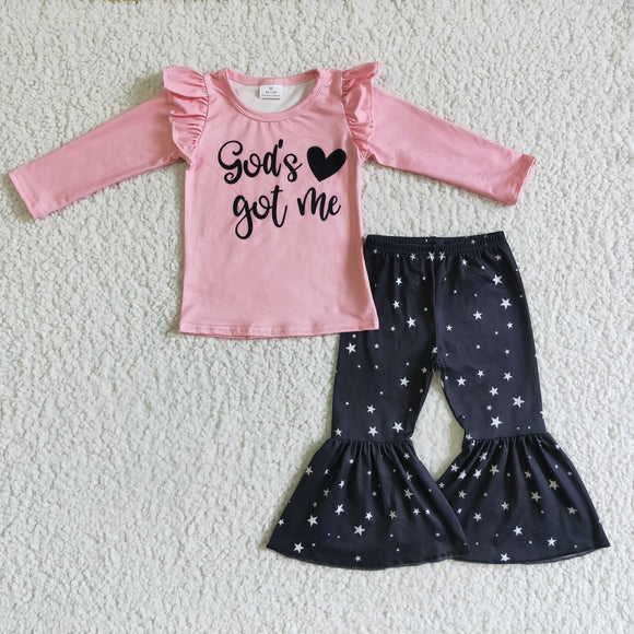 Promotional God's got me Letters Stars Pink Black Girls Christmas Outfits