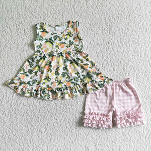 Promotional Orange Pink Plaid Girls Shorts Sets
