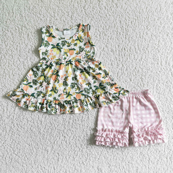 Promotional Orange Pink Plaid Girls Shorts Sets