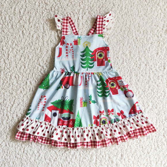 Promotional Car Tree Red Plaid Sky Blue Girls Christmas Dress