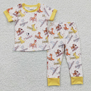 Promotional Cartoon Lion Polka Dots Yellow Boys Short Sleeve Pajamas
