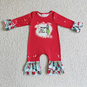 Cartoon Naughty Nice Letters Red Sky Blue Girls Christmas Romper