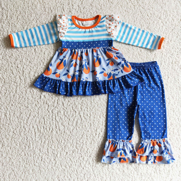 Orange Fruit Polka Dots Blue Stripes Girls Long Sleeve+Trousers Sets