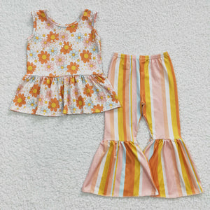 Floral Orange Stripe Girls Short Sleeve+Trousers Sets