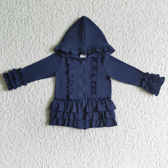 Solid Navy Ruffle Girls Hoodie Top