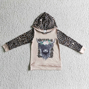 Highland Cow Leopard Print Khaki Girls Hoodie Top