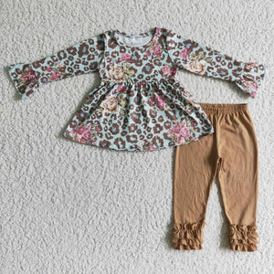 Promotional Floral Leopard Print Brown Legging Girls Long Sleeve+Trousers Sets
