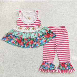 Promotional Hot Pink Stripes Floral Lace Girls Short Sleeve+Trousers Sets