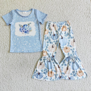 Promotional Pumpkin Sky Blue Girls Short Sleeve+Trousers Sets