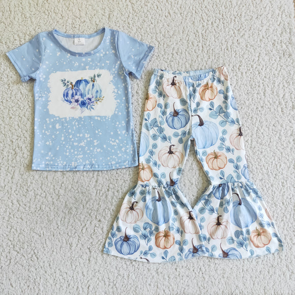 Promotional Pumpkin Sky Blue Girls Short Sleeve+Trousers Sets