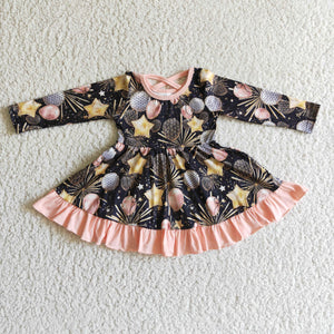 New Year Firework Stars Balloon Black Pink Girls Long Sleeve Dress