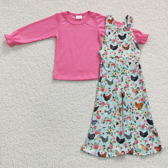 Chicken Pink Girls Suspender Pants Overalls Sets