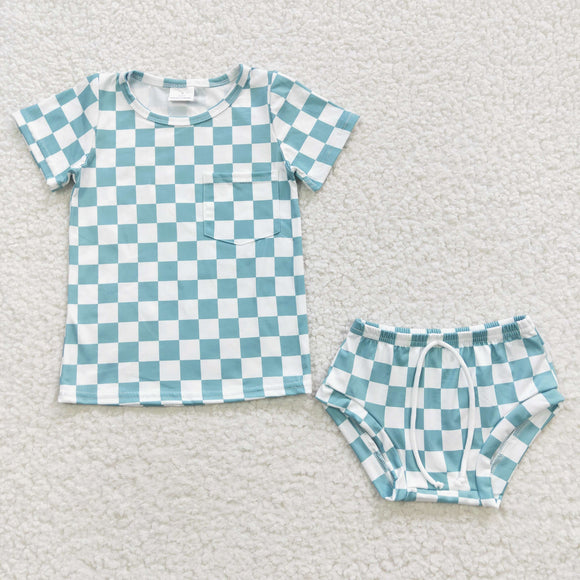 Pocket Blue White Plaid Baby Bummies Sets