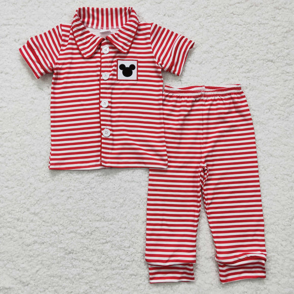 Promotional Cartoon Red Stripe Boys Short Sleeve Pajamas