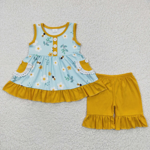 Floral Bee Yellow Ruffles Pockets Girls Shorts Sets