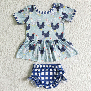 Chicken Floral Blue Plaid Girls Bummies Sets