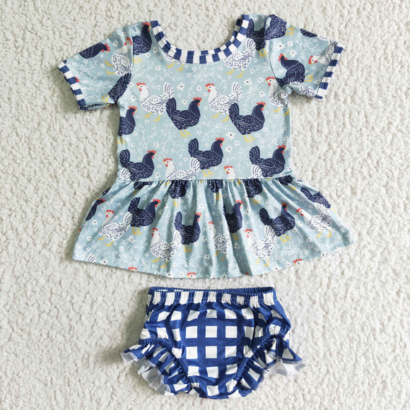 Chicken Floral Blue Plaid Girls Bummies Sets