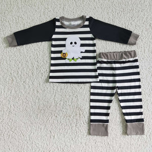 Ghost Embroidery Black White Stripe Boys Halloween Pajamas