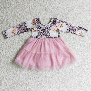 Promotional Santa Leopard Print Pink Wide Gauze Girls Christmas Dress