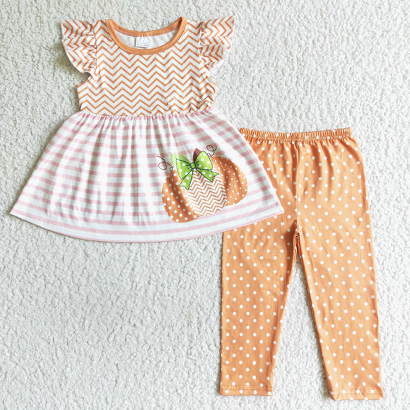 Pumpkin Pink Stripe Orange Legging Girls Short Sleeve+Trousers Sets