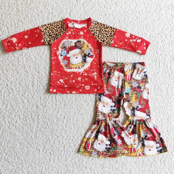 Santa Leopard Print Patchwork Red Girls Christmas Outfits