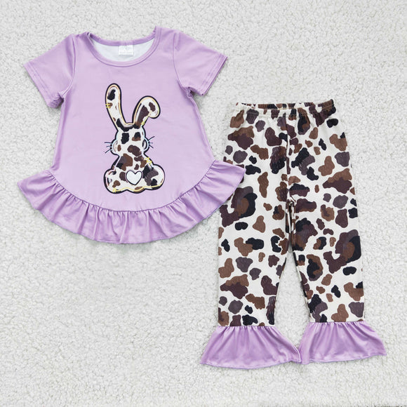 Rabbit Cow Print Purple Ruffles Girls Easter Outfits