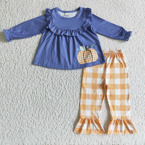 Pumpkin Blue Orange Plaid Girls Long Sleeve+Trousers Sets