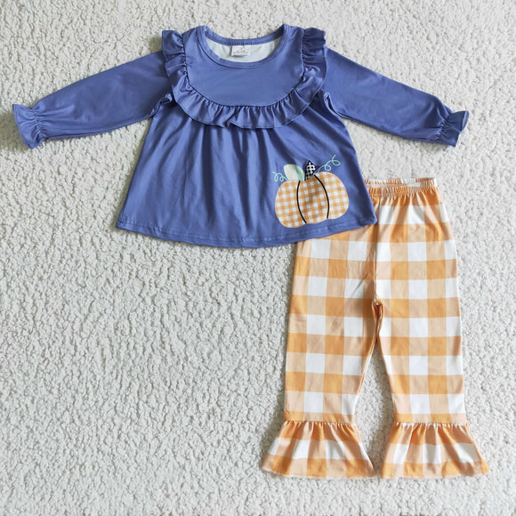 Pumpkin Blue Orange Plaid Girls Long Sleeve+Trousers Sets