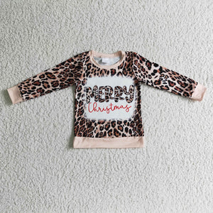 Leopard Print Merry Letters Girls Christmas Top