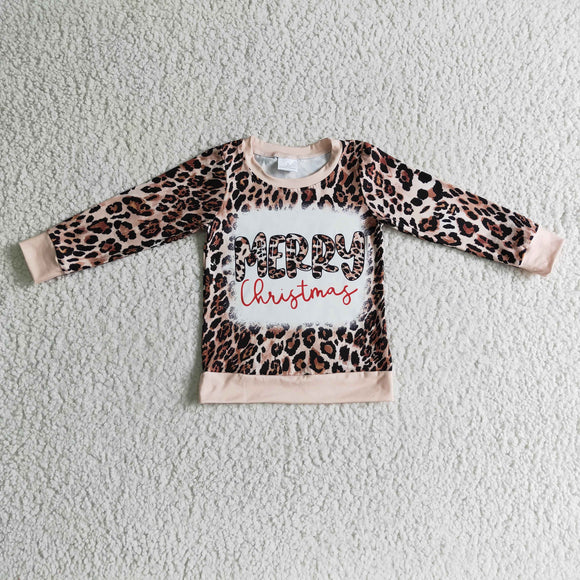 Leopard Print Merry Letters Girls Christmas Top