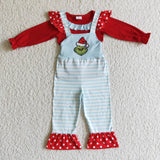 Ruffles Red Top Sky Blue Stripes Suspender Pants Sets Girls Christmas Outfits