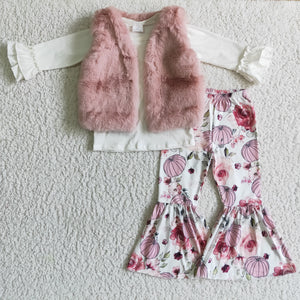 3PCS Vest Pumpkin Solid White Pink Girls Long Sleeve+Trousers Sets