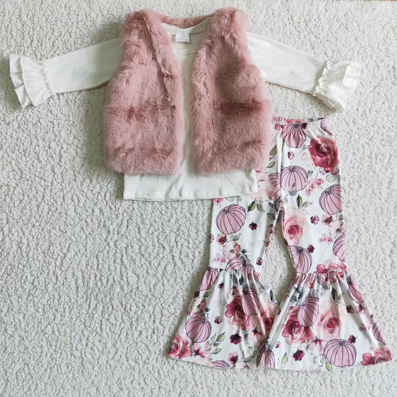3PCS Vest Pumpkin Solid White Pink Girls Long Sleeve+Trousers Sets