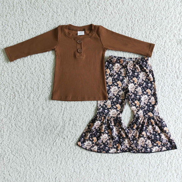 Solid Color Brown Floral Girls Long Sleeve+Trousers Sets