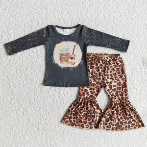 Promotional Guitar Leopard Print Girls Long Sleeve+Trousers Sets