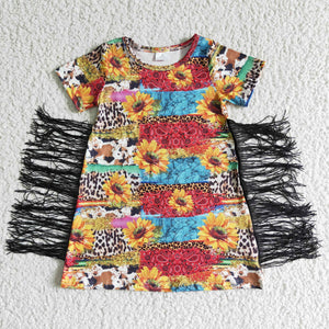 Promotional Tassels Sunflower Girls Short Sleeve Dress