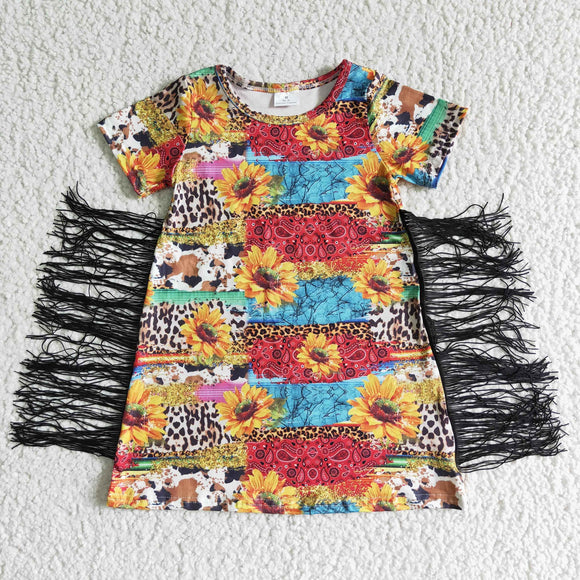 Promotional Tassels Sunflower Girls Short Sleeve Dress