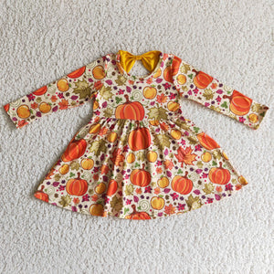 Promotional Pumpkin Apple Fruit Yellow Bow Girls Long Sleeve Dress