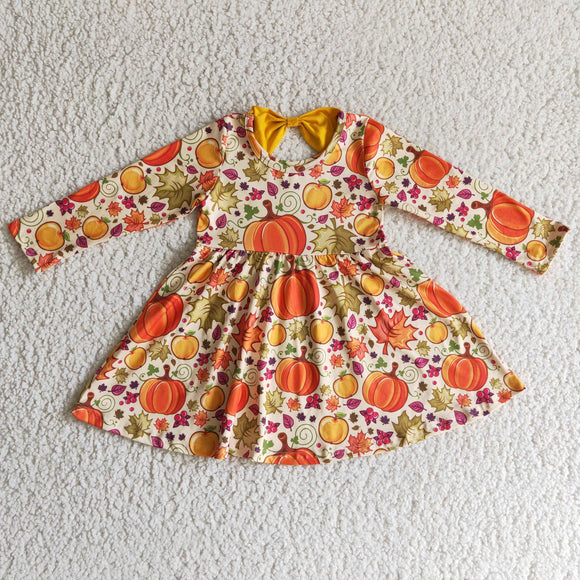 Promotional Pumpkin Apple Fruit Yellow Bow Girls Long Sleeve Dress