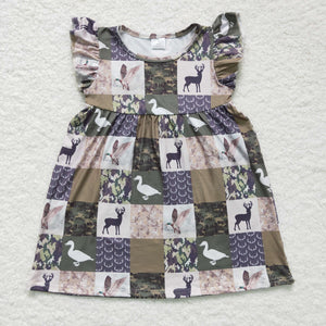 Promotional Jungle Hunting Deer Plaid Army Green Girls Flutter Sleeve Dress
