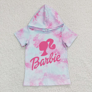 Cartoon Dolls Tie Dye Hoodie Girls Short Sleeve Top